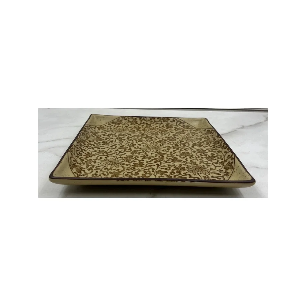 Sound Collection Japanese Ceramic Square Plate Brown Floral Vine Scroll 9.25in